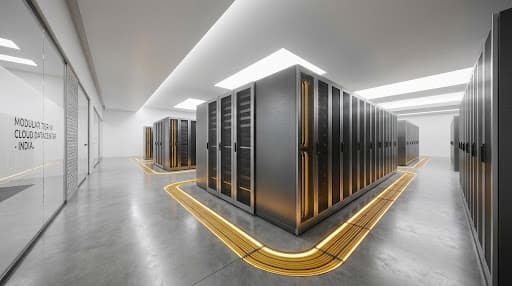 Bright modular datacenter corridor with yellow floor markings