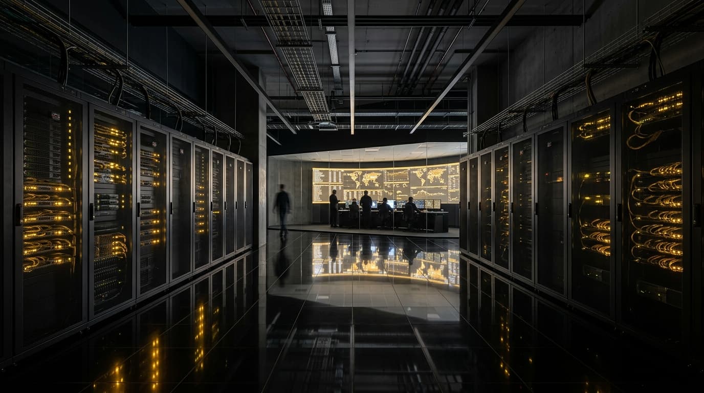 Dark server racks lit by an amber conduit in a DataDack datacenter corridor in Noida