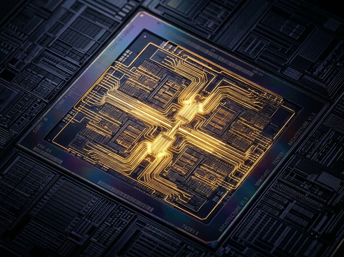 Silicon chip on a board with gold traces radiating to four modules